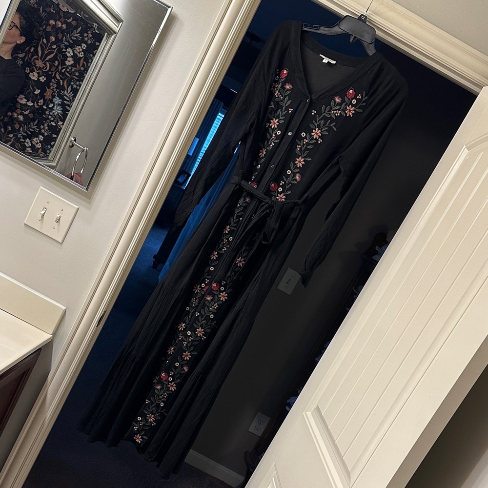 Baltic Born Black Maxi Dress with Pink & Green Floral Embroidery
